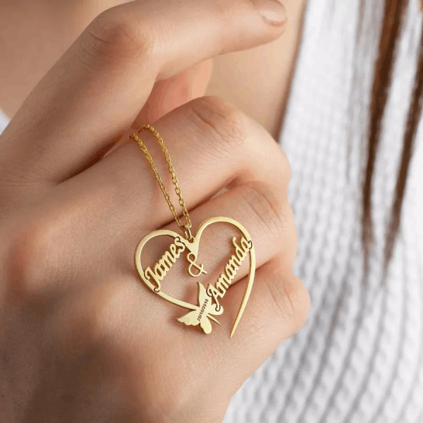 antique accessories butterfly heart with engraving couple name necklace 24k gold 3